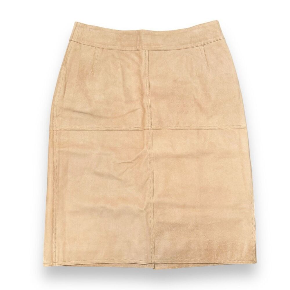 Emma Cook Camel Tan Knee Length 100% Genuine Suede Leather Skirt Womens Size S/M
